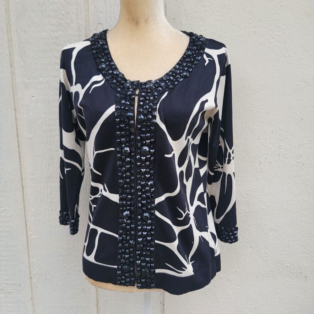 Vintage Michael Simon beaded embellished black and white floral silk blend...
